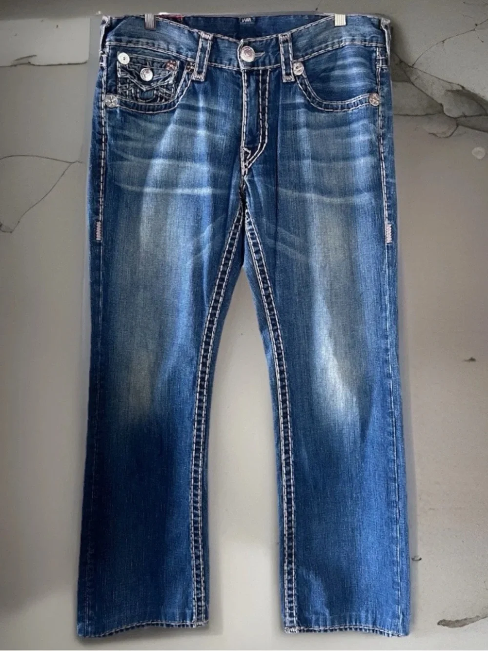 True Religion Ricky Jeans Super T Straight 36x32 Men's Relaxed Thick Stitching